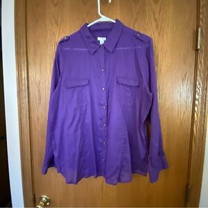 Chico’s Purple Sheer Flowy Blouse Sz 3 (16) w/ Roll Tab Sleeves, Gold…